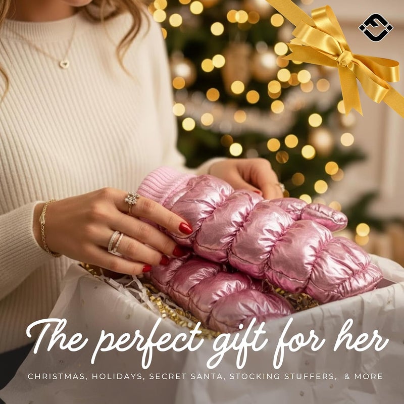 Funky Junque Women's Fleece Lined Puffer Mittens Gloves, Cold Weather Accessory for Ice Skating, Shiny Metallic Knit Cuff - Image 4